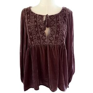 Lucky Brand Rose Taupe Velvet Long Sleeve Embroidered Top Women M Boho Peasant